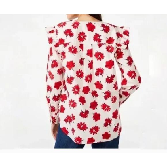 Free Assembly $24 XXL Red Floral 100% Cotton Button Ruffle Shoulder Top - Picture 2 of 14